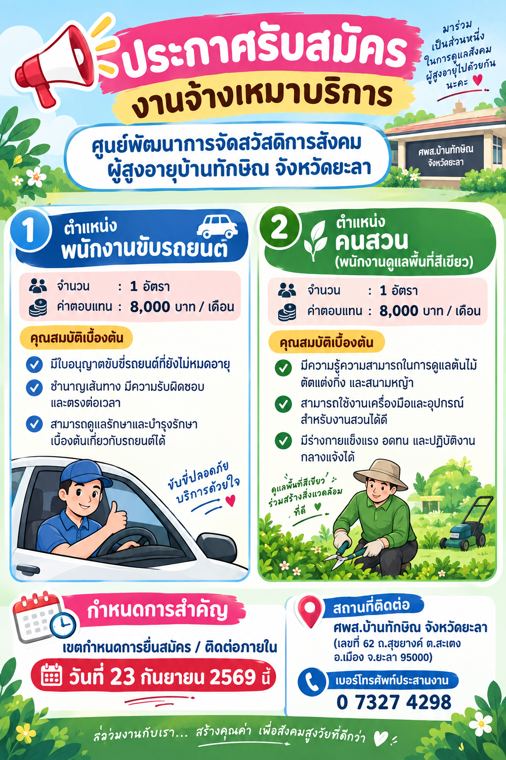 ประกาศรับสมัครจ้างเหมาบริการ คนขับรถยนต์ , คนสวน